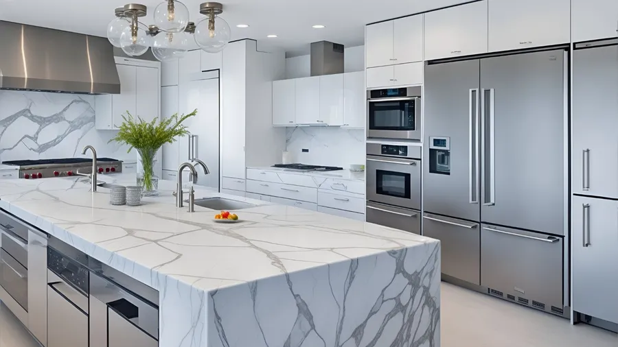 Modern kitchen with marble countertops and stainless-steel appliances.
