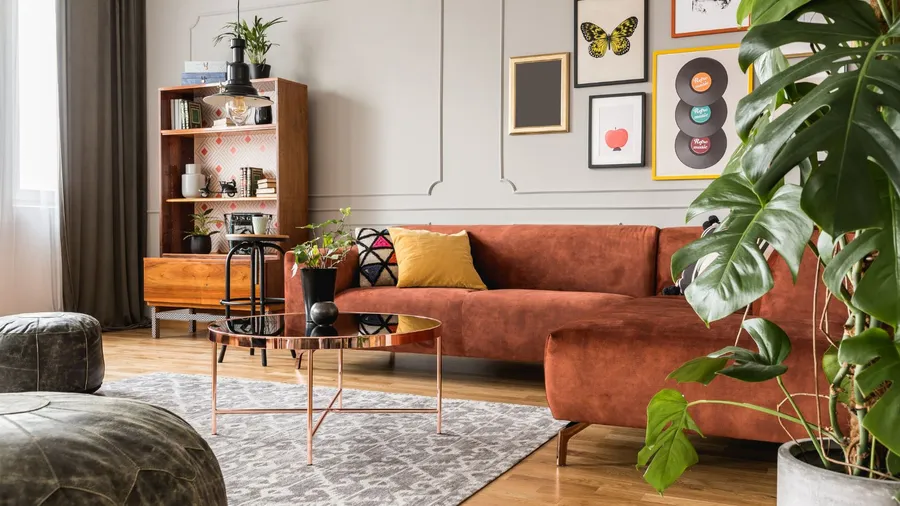 Stylish living room with a rust-colored sofa, framed art, and green houseplants.
