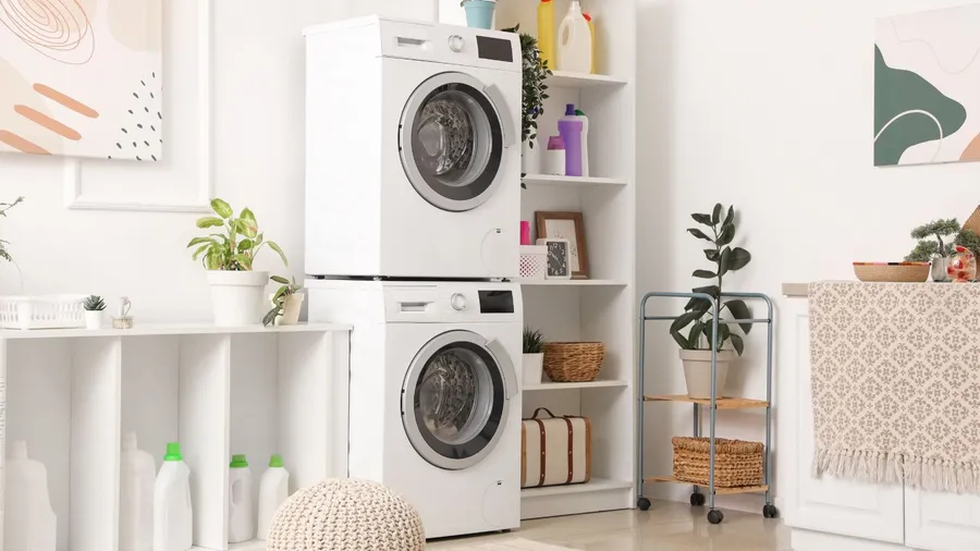 A modern laundry room with a stacked washer and dryer, storage shelves, cleaning supplies and detergents, and decorative elements like houseplants and artwork.