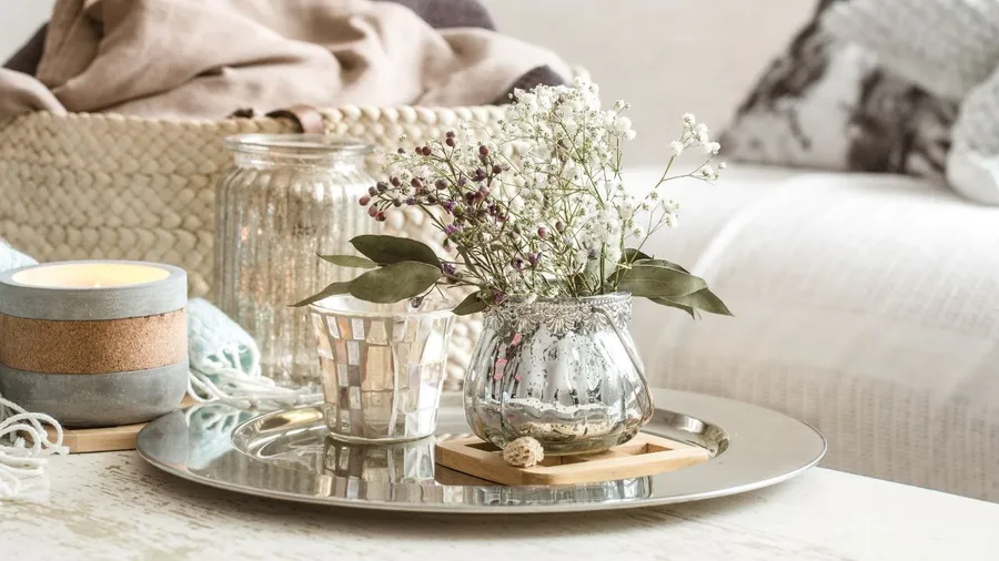 Decorative glass vase with flowers, candles, and other accessories on a table in a cozy setting.
