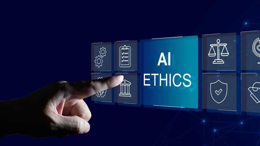 A finger selects "AI Ethics" from a digital interface with various icons.