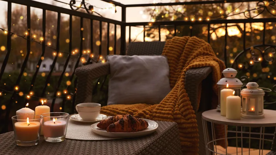 A balcony setup with candles, a warm blanket, and pastries for a cozy evening.