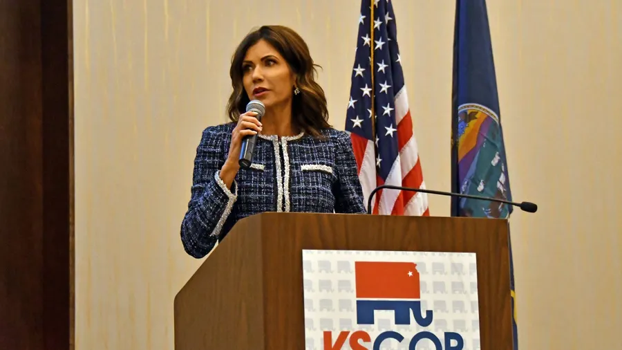 United States Secretary of Homeland Security Kristi Noem addresses the audience in a press conference, Manhattan Kansas USA,