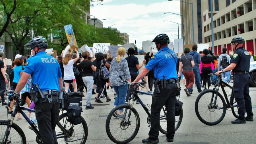 dayton ohio united states 05302020 police officers controlling the crowd