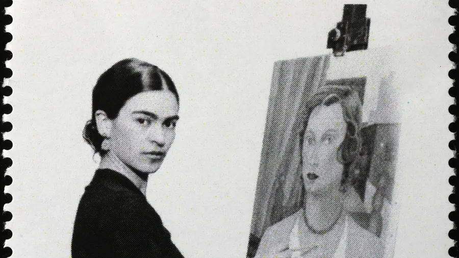 Photography of Frida Kahlo at work on postage stamp