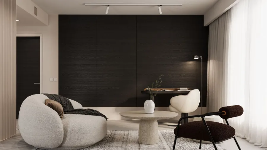 Modern living room with neutral tones, plush furniture, and ample natural light.