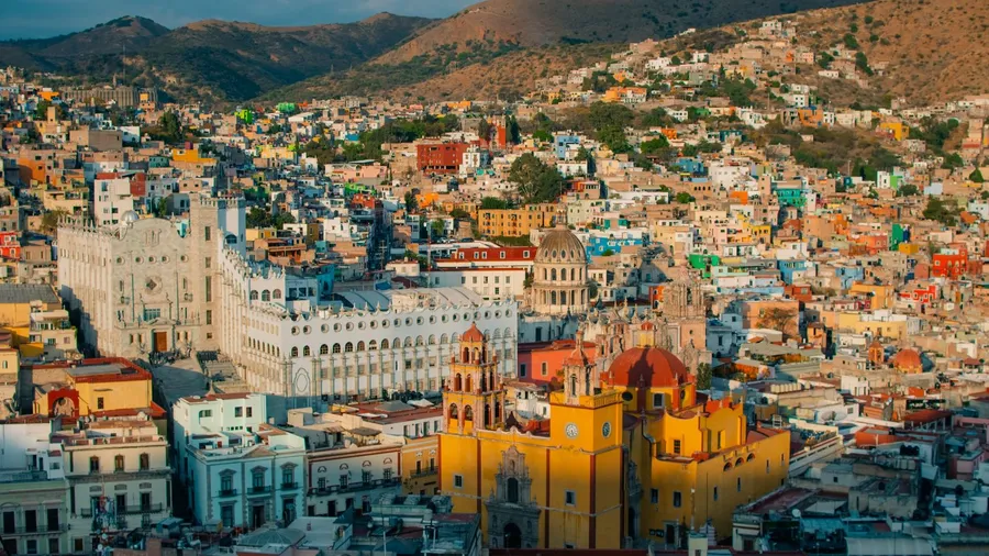 Architecture and facade in city houses in Guanajuato, Mexico.