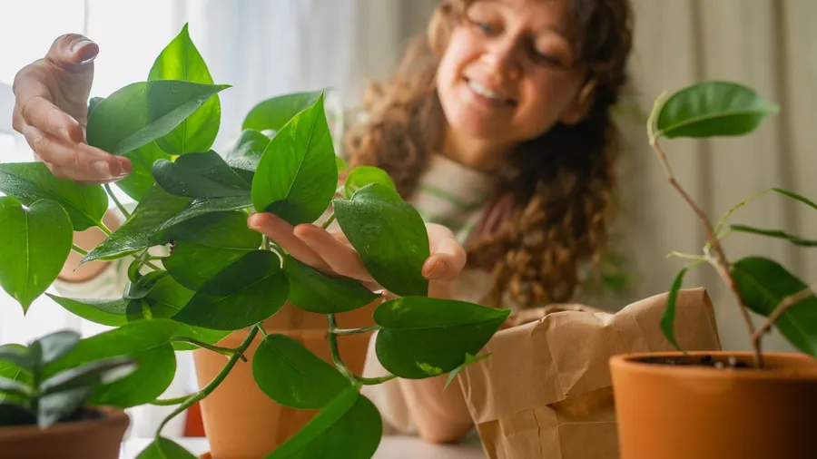 Woman gardening with a smiling face holding a green pothos plant (Epipremnum aureum) on a table.