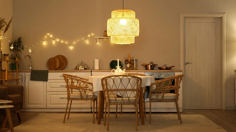 A dining area with a chandelier and string lights against a light wall.
