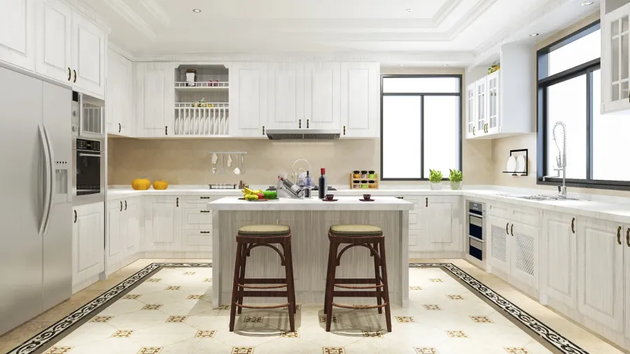 3d rendering scandinavian vintage modern kitchen with dining area