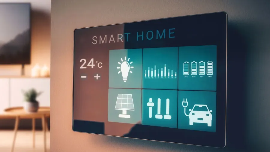 A digital touchscreen shows a smart home energy management system with controls for lighting, temperature, solar power, water use, and EV charging.