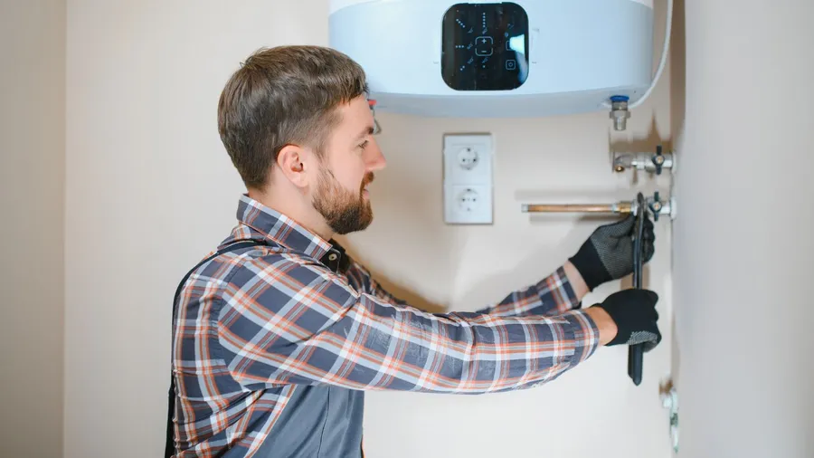 A plumber working on a heating system.