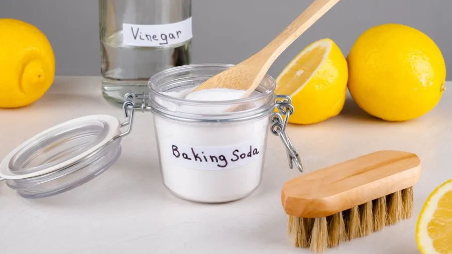 Baking soda, vinegar, and lemon with a cleaning brush placed on a white surface.