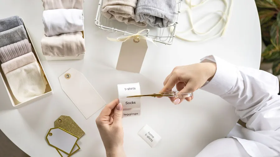 A woman cutting labels using scissors with storage containers on a white table in the background.