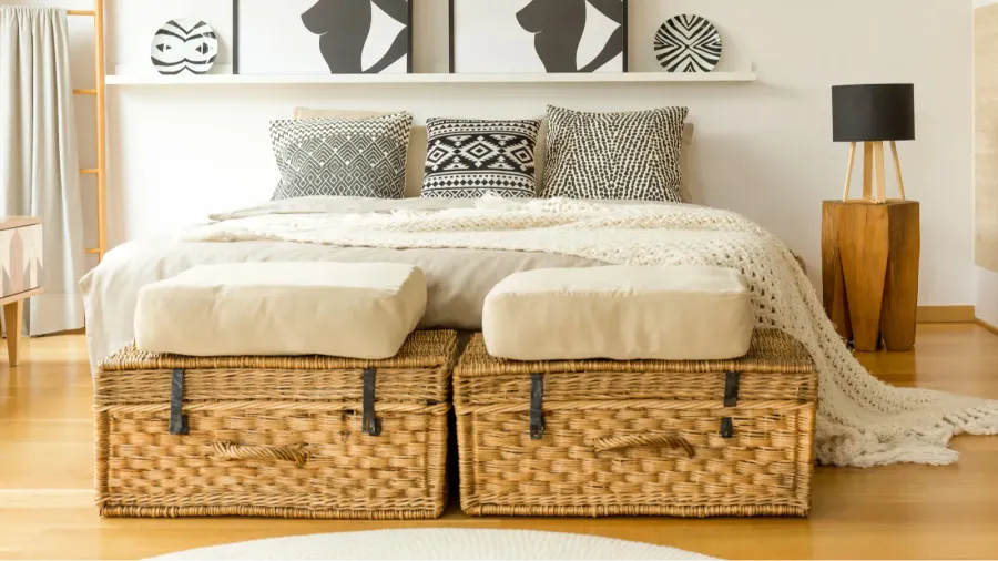 A bedroom interior with cozy bed with throw and cushions, wicker baskets with cushions on them, wooden side table with lamp, and artwork on shelf.