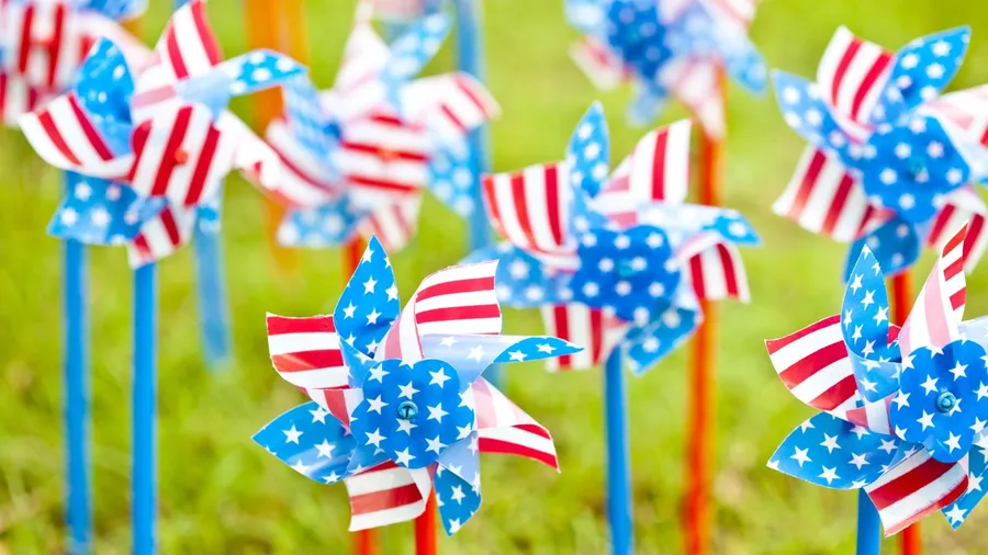 American flag pinwheels arranged in a garden.