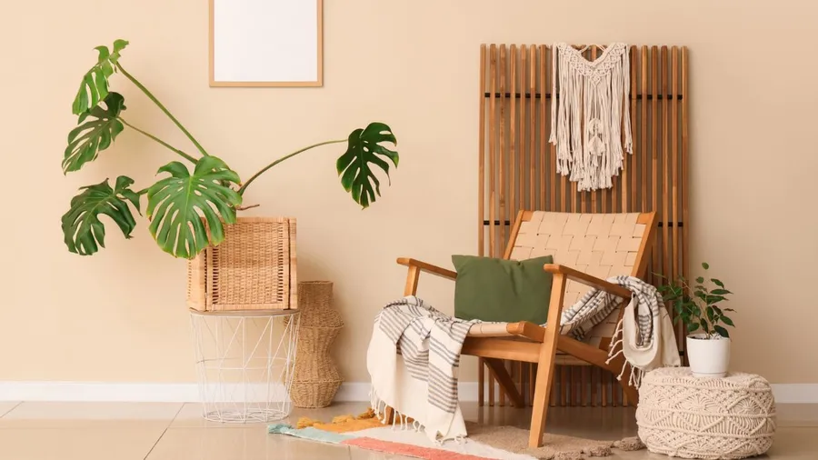 A cozy interior with a wooden chair, a green pillow, and decorative textiles, accompanied by large green plants and soft pastel background.