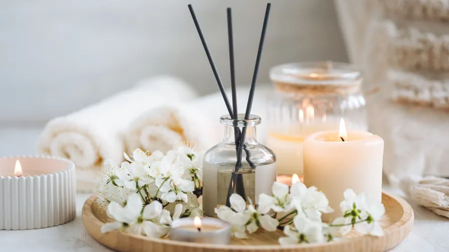 A wooden tray with blooming flowers, burning candles, and essential oil reed diffuser.