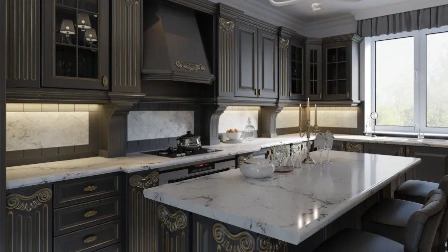 Contemporary kitchen with dark cabinetry, a marble countertop, and flower decoration.