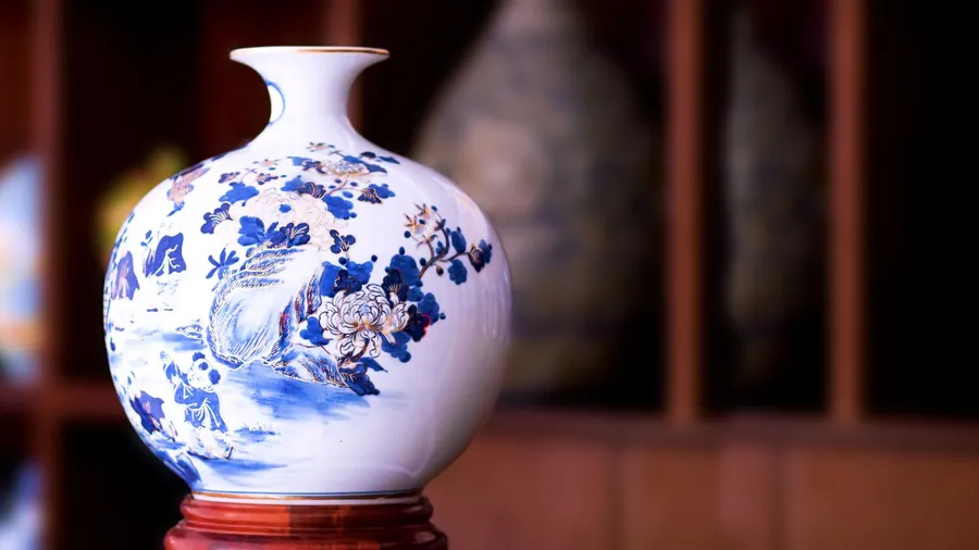 Display of handpainted ceramic vase