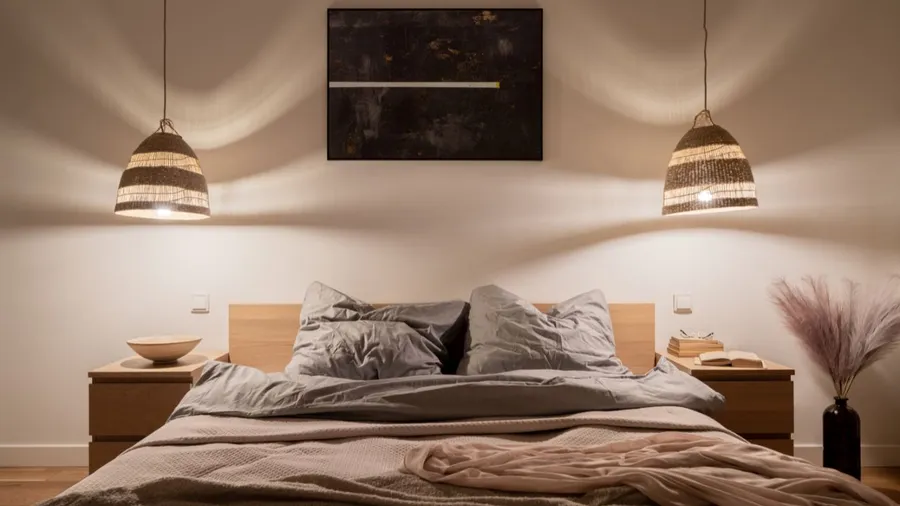 A modern bedroom with a wooden bed, bedside table, and soft ambient lighting.
