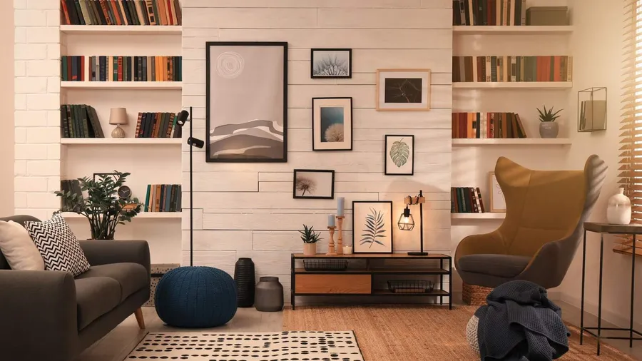 A living room interior sofa, accent chair, console table, and built-in bookshelf.