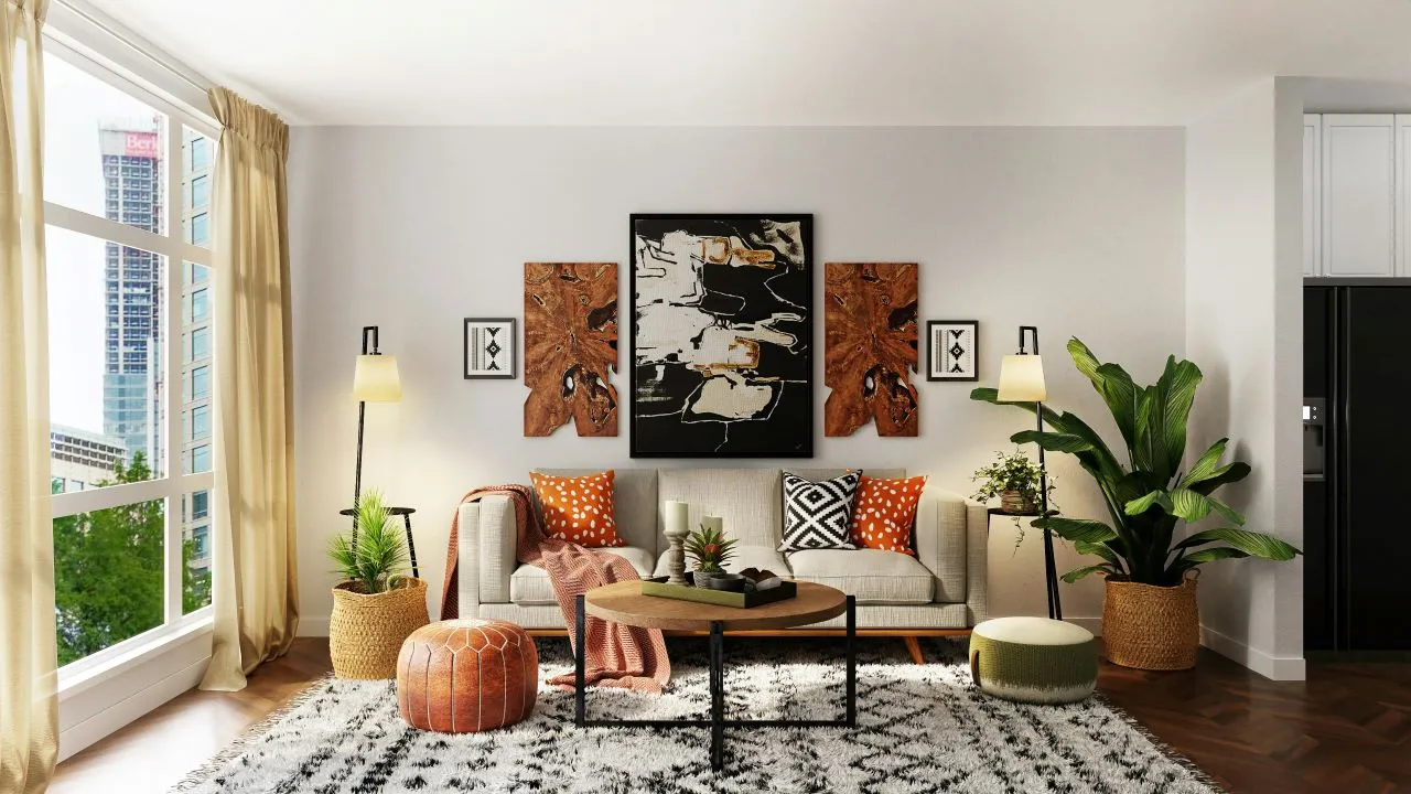 Create depth and visual interest by layering different fabrics throughout your living room