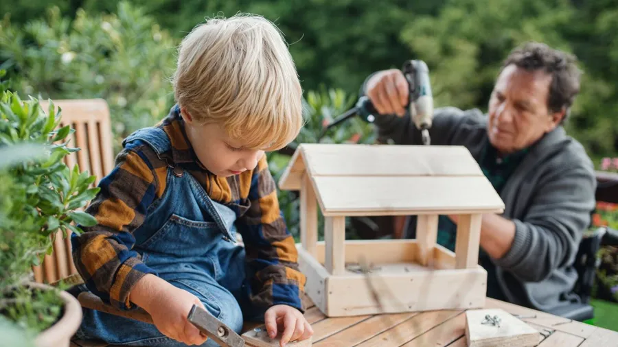 A man and a baby making a wooden birdhouse.