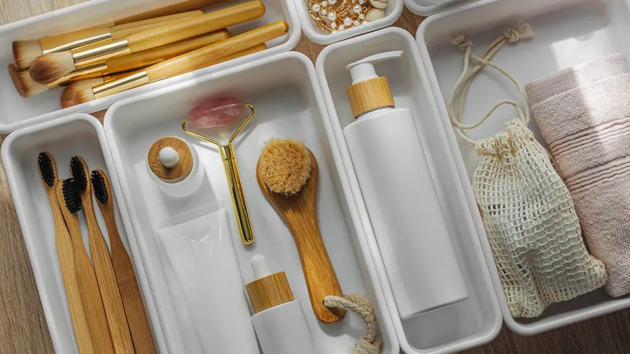 A white organizer with toothbrushes, towel, and cosmetic products.
