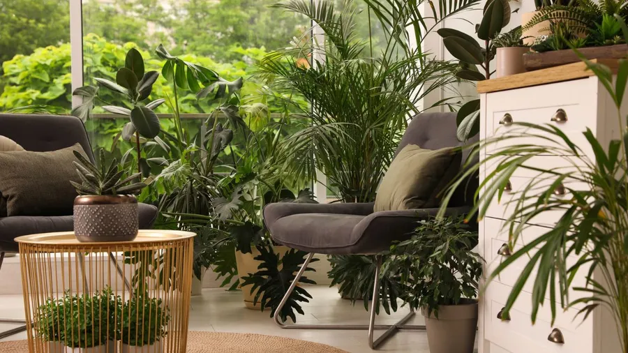 A cozy indoor space filled with diverse plants, comfortable seating, and a stylish coffee table.