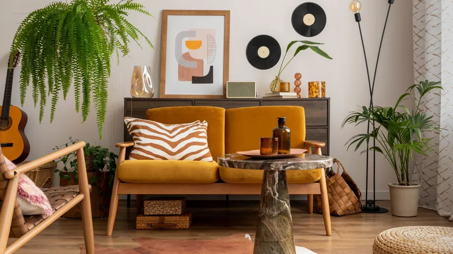 A living room interior with sofa, coffee table, floor lamp, vinyl records on a white wall, console table with decor accents, and a guitar.