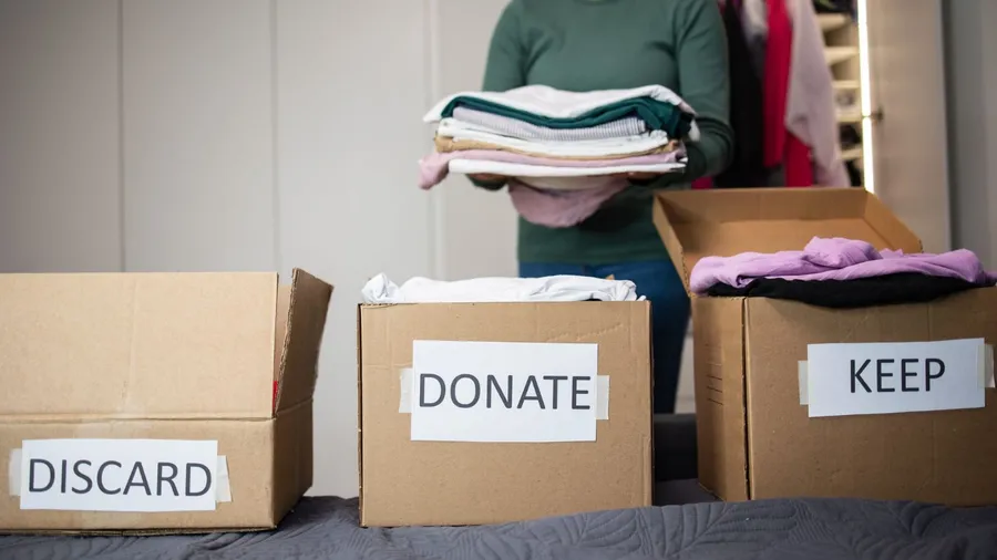 A woman sorting clothes in three boxes labelled discard, keep, and donate.