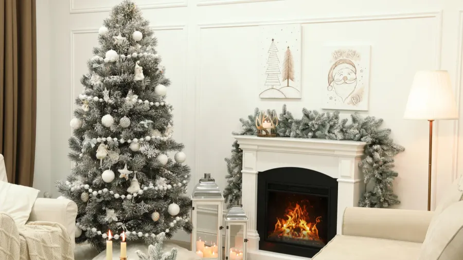 Fireplace in beautiful living room decorated for Christmas
