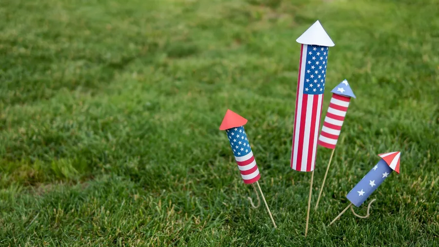 USA themed DIY firecrackers arranged in clusters in a garden.