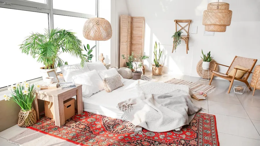 A cozy, sunlit bedroom with a low bed, colorful rug, plenty of greenery, and natural light.