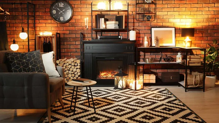 Living room space in warm tones and black theme with various decor elements and a black wall clock.