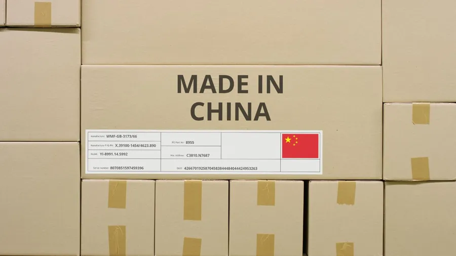 Stacked cardboard boxes labeled "Made in China" with a Chinese flag on a shelf.