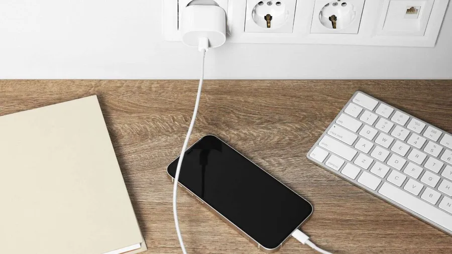 A wooden table with a mobile phone connected to a charger with multiple sockets on the wall.