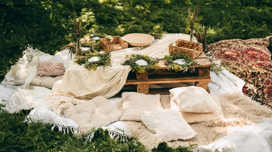 A bohemian picnic setup with cushions and floral wreaths on a pallet table in a grassy area.