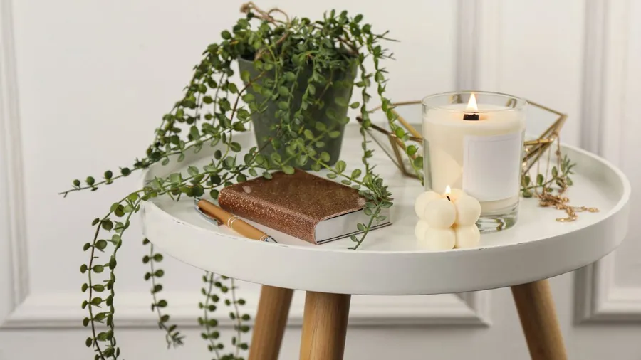 A cozy table with candles, plants, and a notebook.