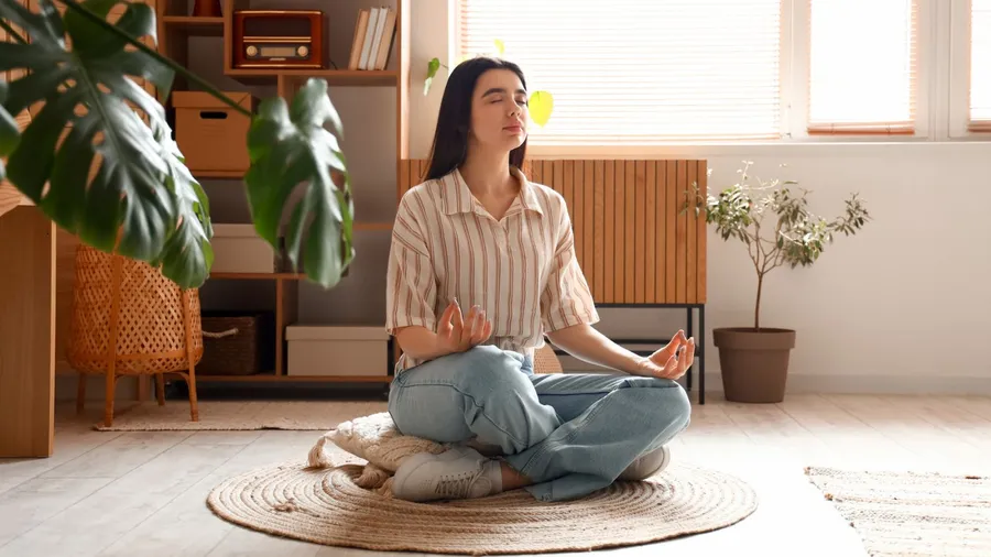 A woman sits cross-legged, meditating on a rug in a bright, cozy room.