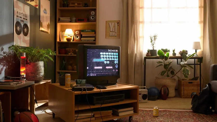 A cozy living room with a retro gaming setup, featuring a CRT television displaying a video game, surrounded by various plants, books, and decor items.