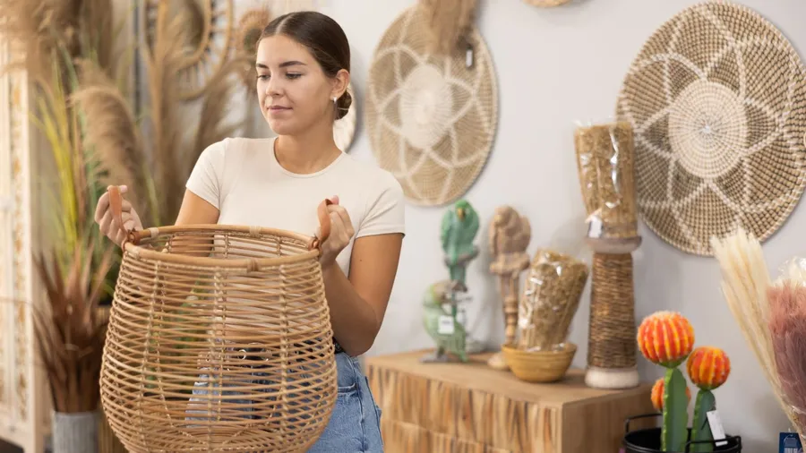 A woman holding a stylish wicker basket.