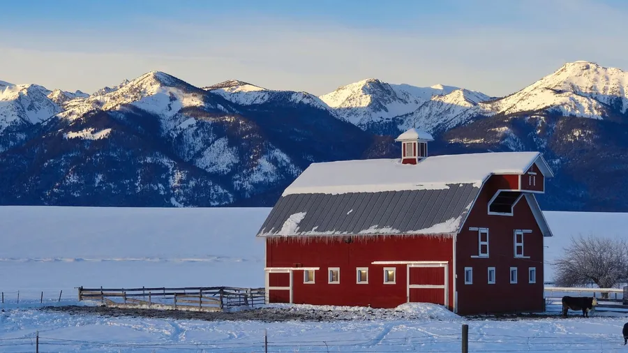Picture of sunrise over old red barn on alpine farm after winter snowstorm in Wallowa Mountains near Joseph, Oregon USA.