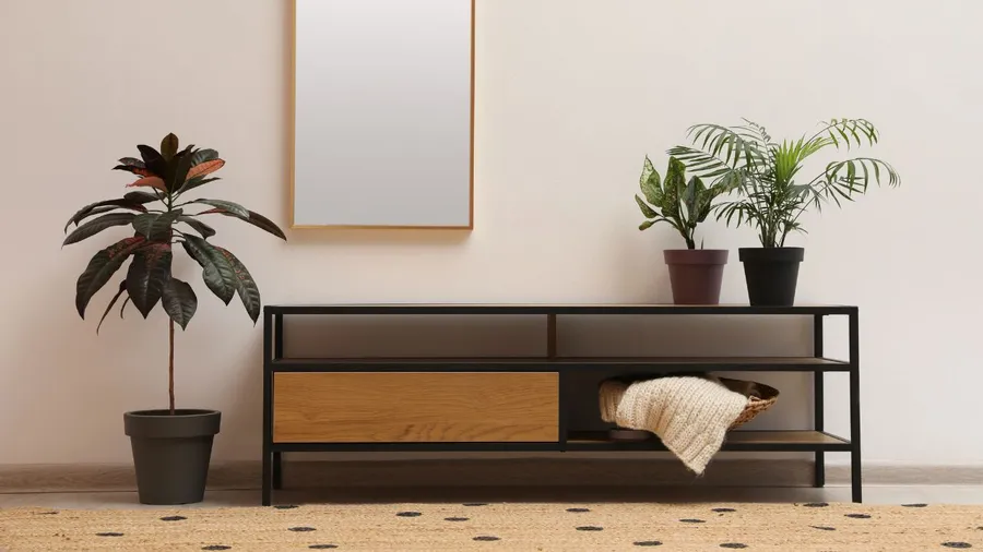 An elegant living room with a wall-mounted mirror, plants, and soft-lighting, creating a warm atmosphere.