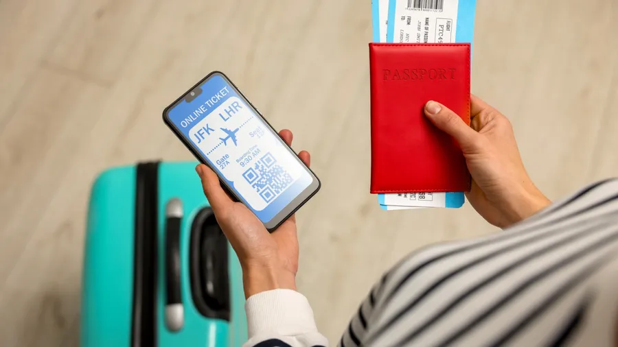 Tourist with passport, flight tickets and mobile phone indoors, above view. Online ticket with QR code on device screen