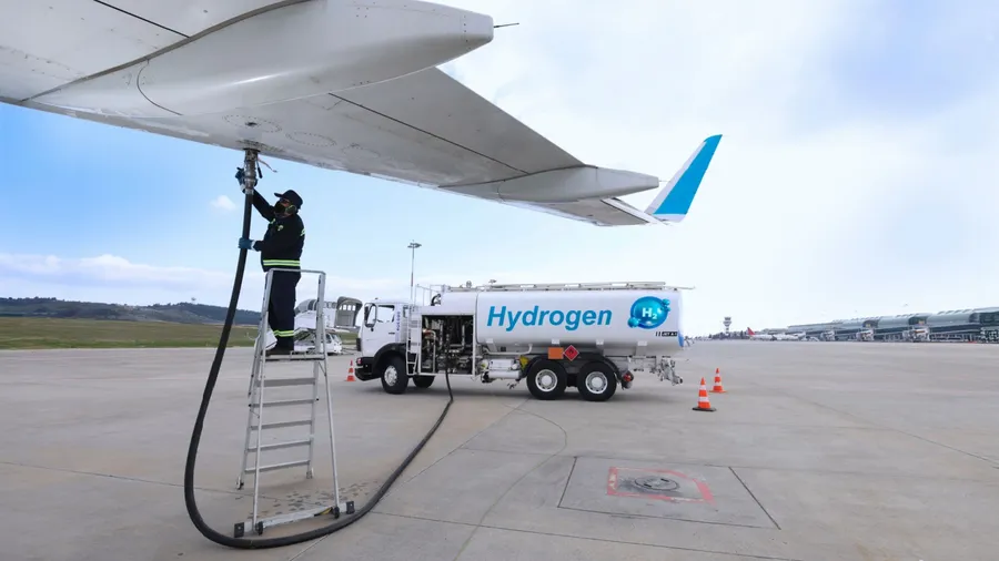 Hydrogen aviation fuel. Technician refueling the aircraft