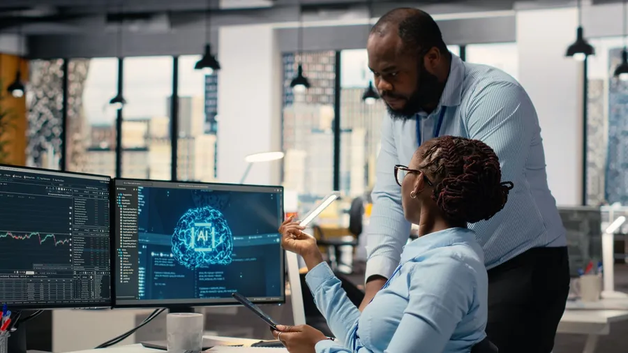 Prop firm staff members using artificial intelligence tech to ensure smooth trading operations. Team of traders in office using AI chatbot to analyze stock market portfolio positions