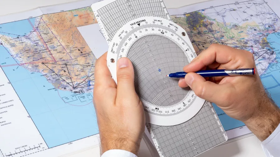 The pilot uses a navigation computer. Route calculation, drawing up a flight plan using maps. The concept of a flight school and an airline.