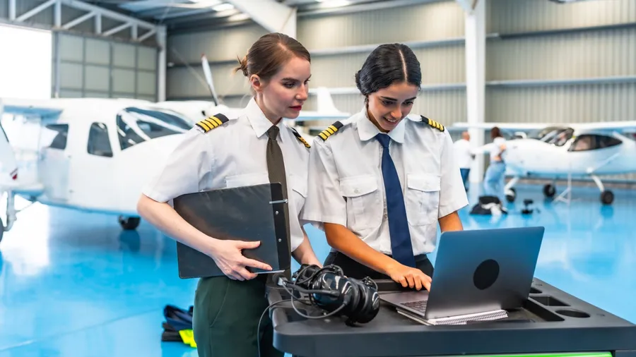 Two smiling female pilots in uniform working on a laptop inside a hangar, collaborating next to an airplane, showcasing their aviation expertise